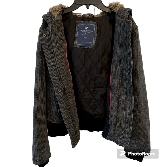 Lg American Eagle lined and hooded tweed jacket. Zips and snaps closed. Sz LG - Picture 1 of 10
